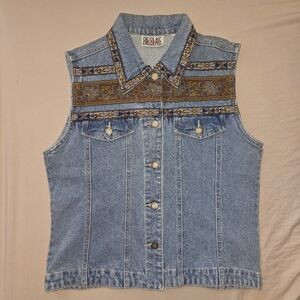 Western Blue Denim Vest Wirh Brown Design